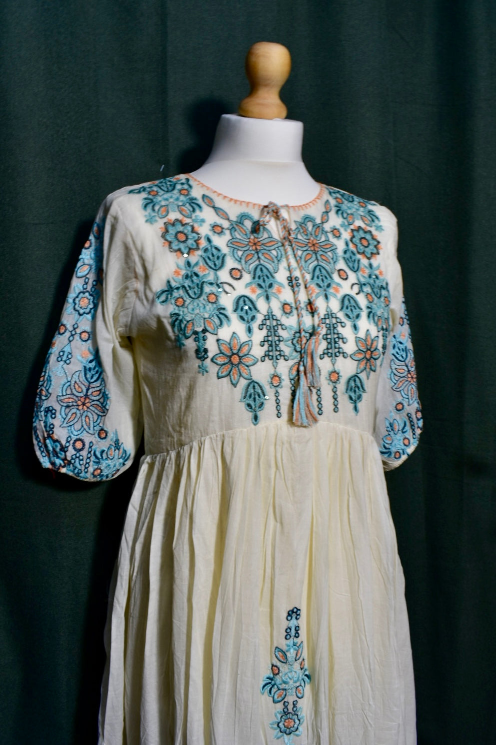 Elegant Blue Embroidered Mul Cotton Dress