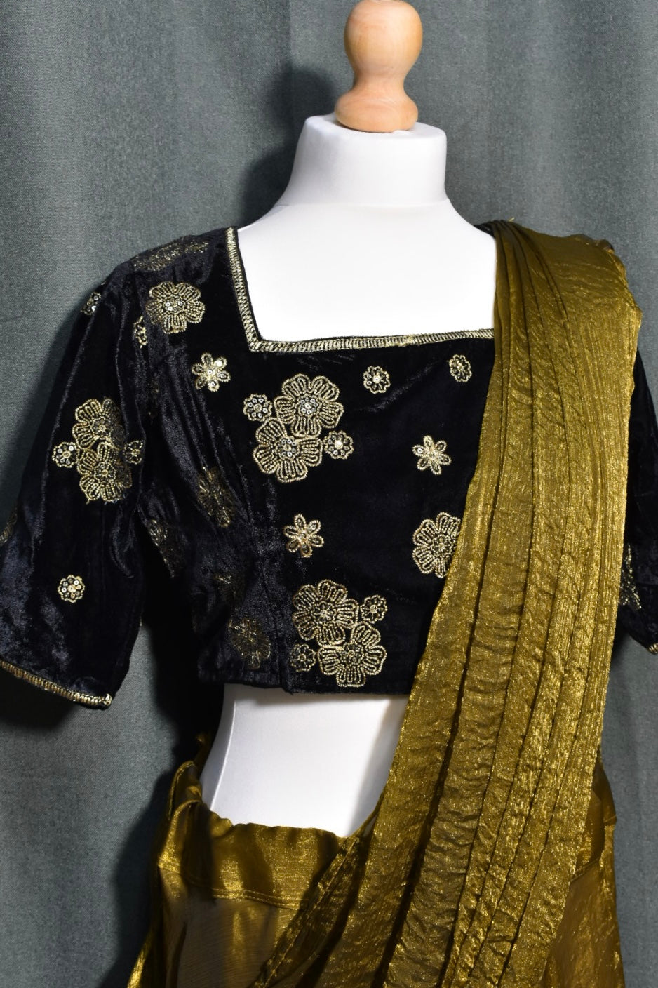 Golden Lehenga with Black Velvet Embroidered Blouse