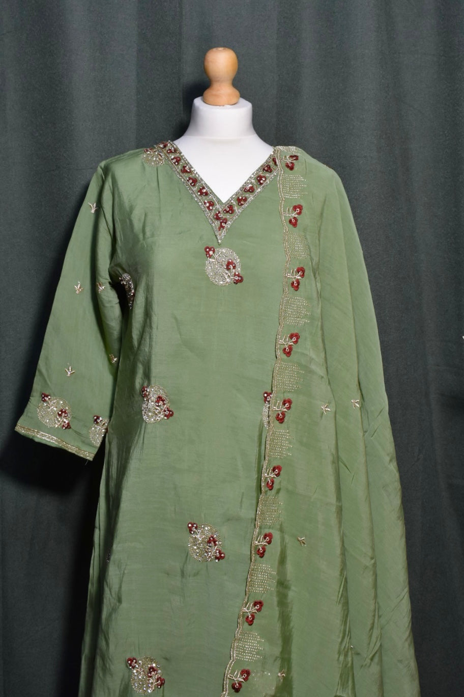 Green Embroidered & Beadwork V-Neck Churidar Set with Shawl