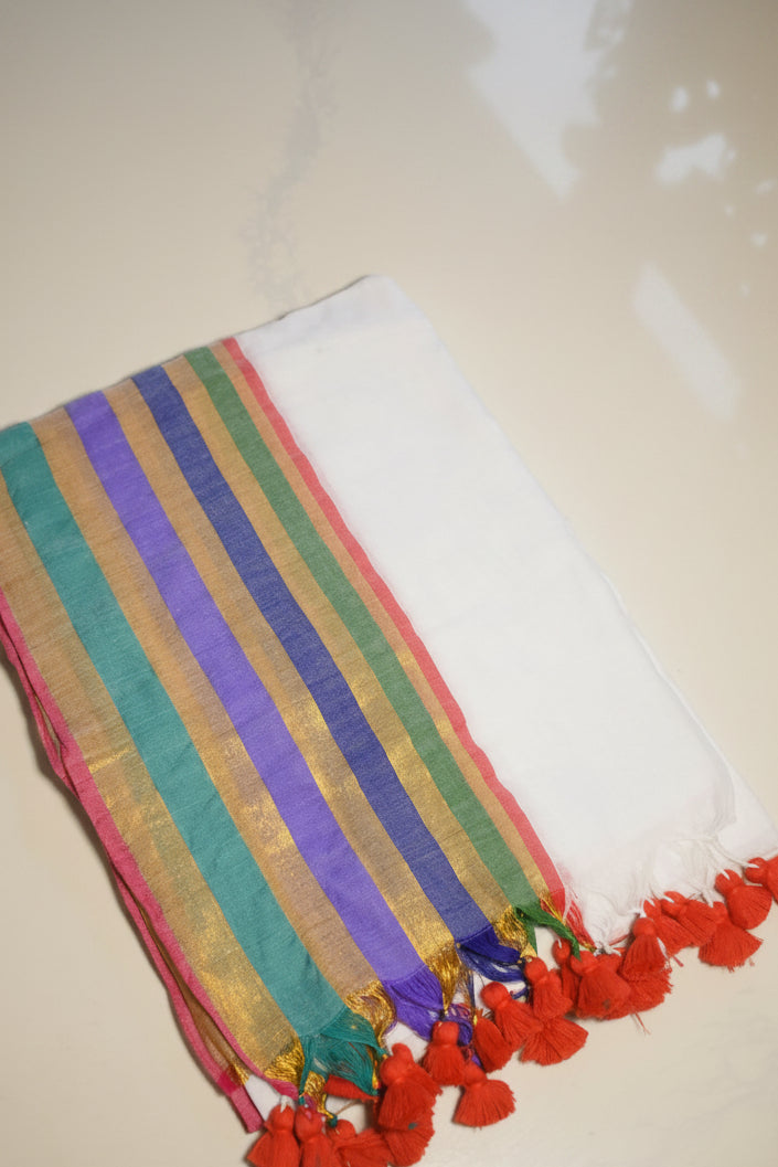 White Mul Cotton Saree with Multicolour Striped Border