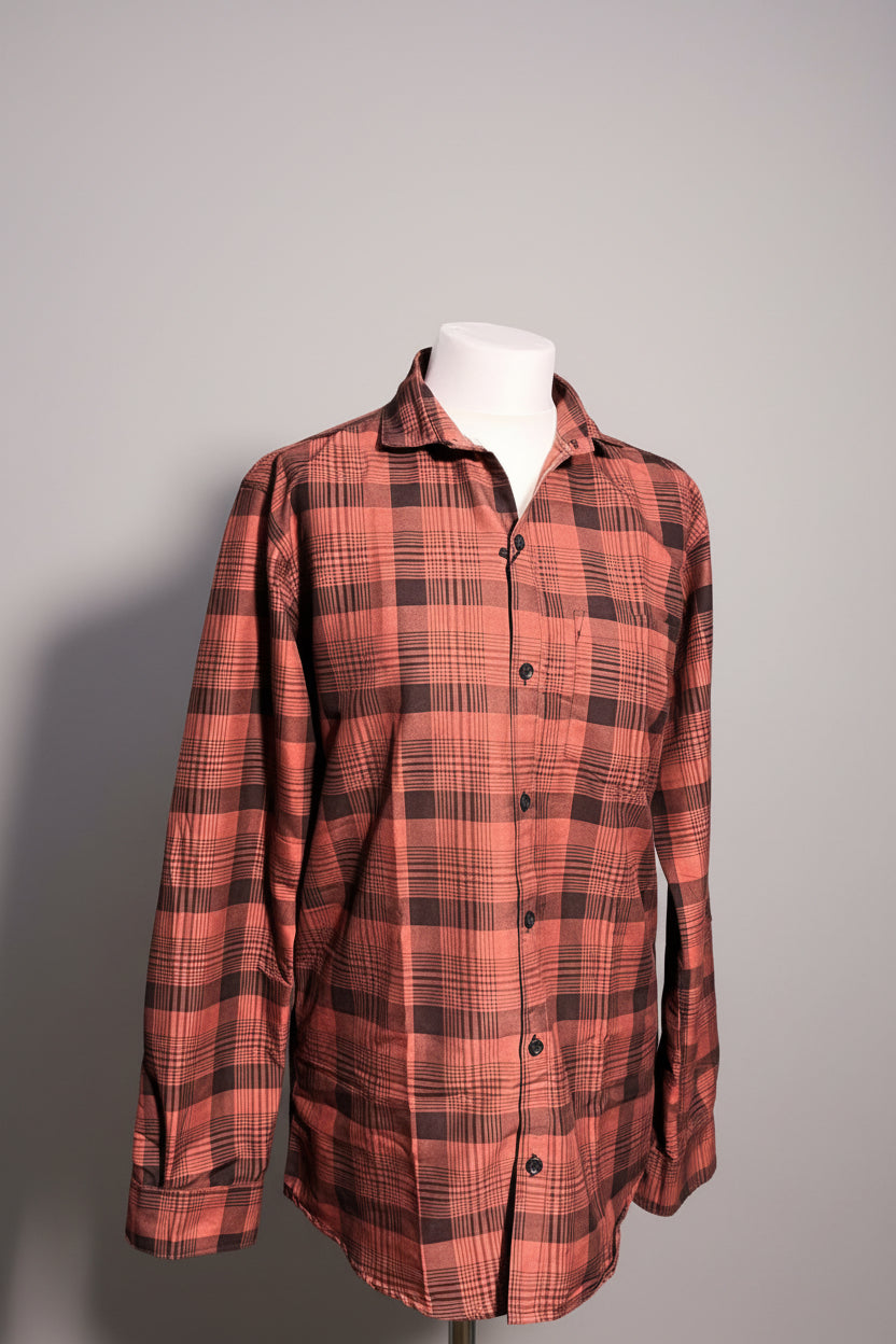 Men’s Rust Orange & Dark Brown Checkered Button-Down Shirt – Long Sleeve