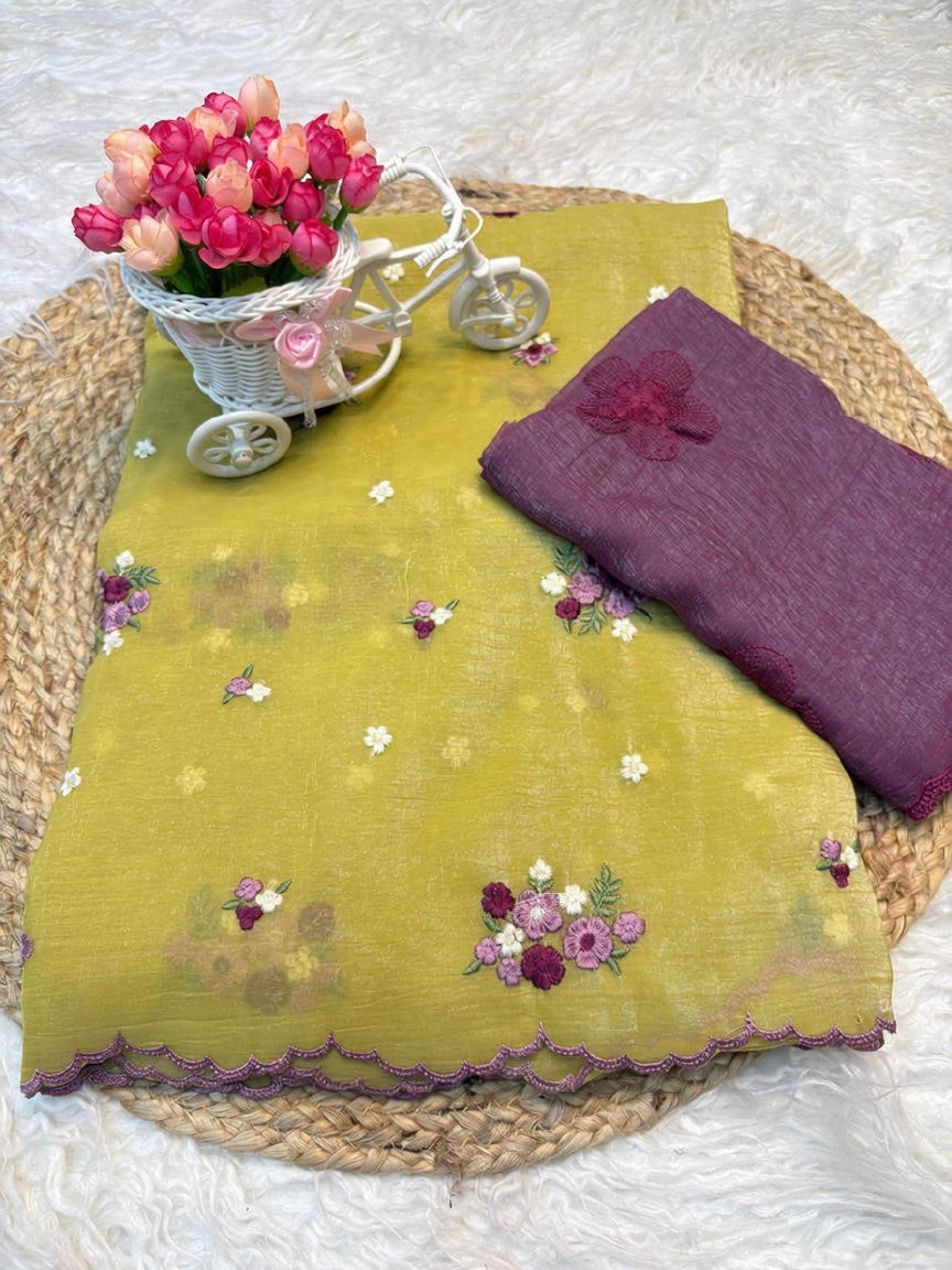 Yellow Partywear Crunchy Fabric Saree