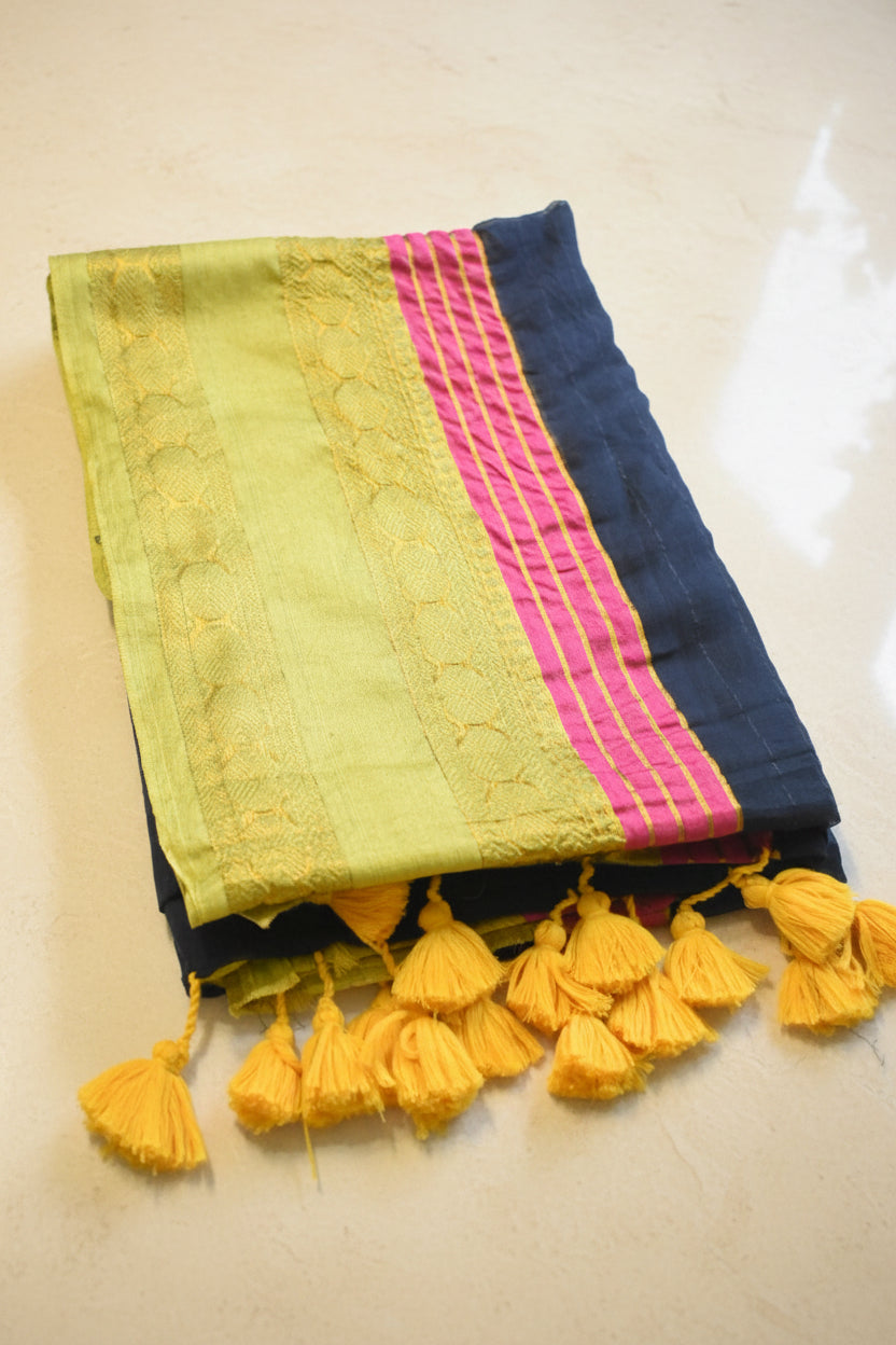 Black Mul Cotton Saree with Pink & Lime Green Border