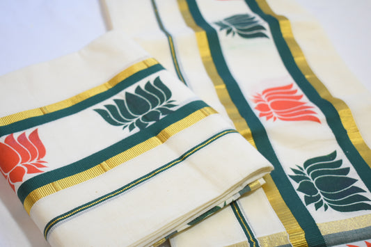 Set Mundu with Orange & Green Lotus Hand Block Prints