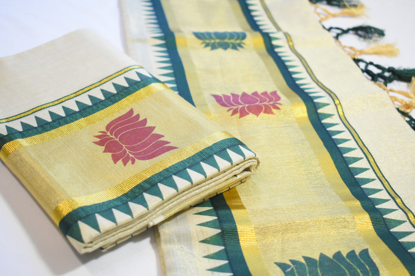 Lotus Tissue Set Mundu with Green & Gold Tassels