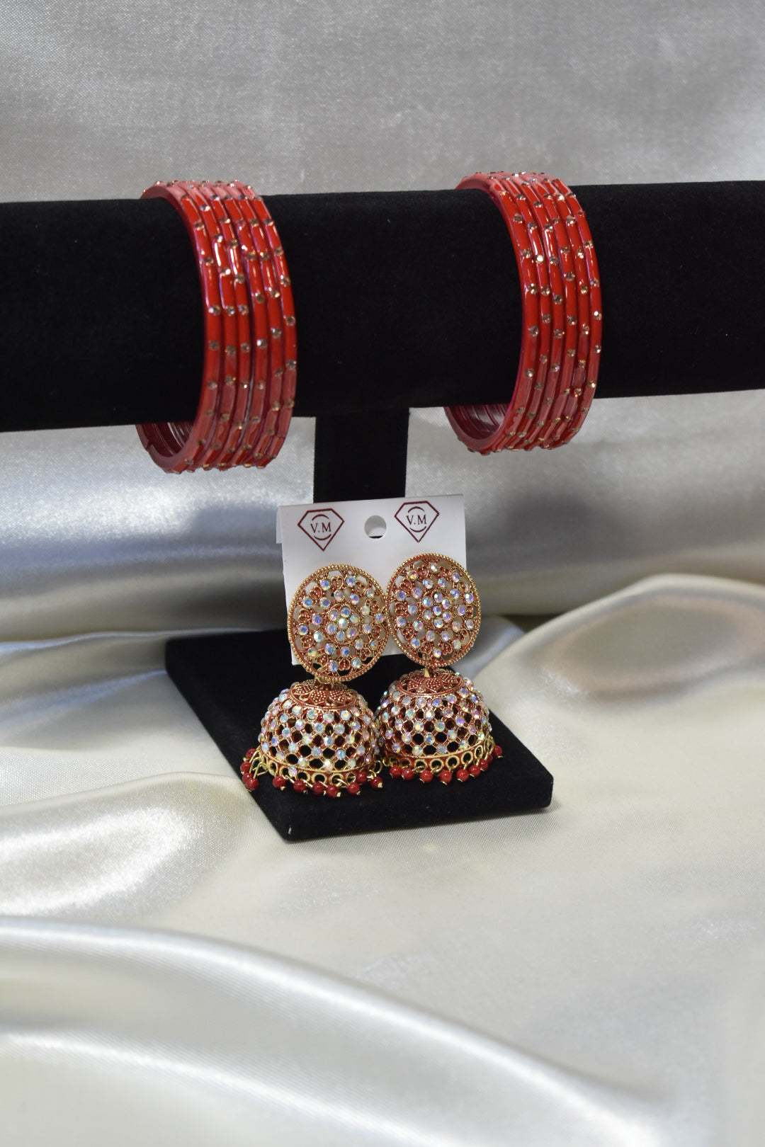Red Glass Bangle and Matching Jhumka Set