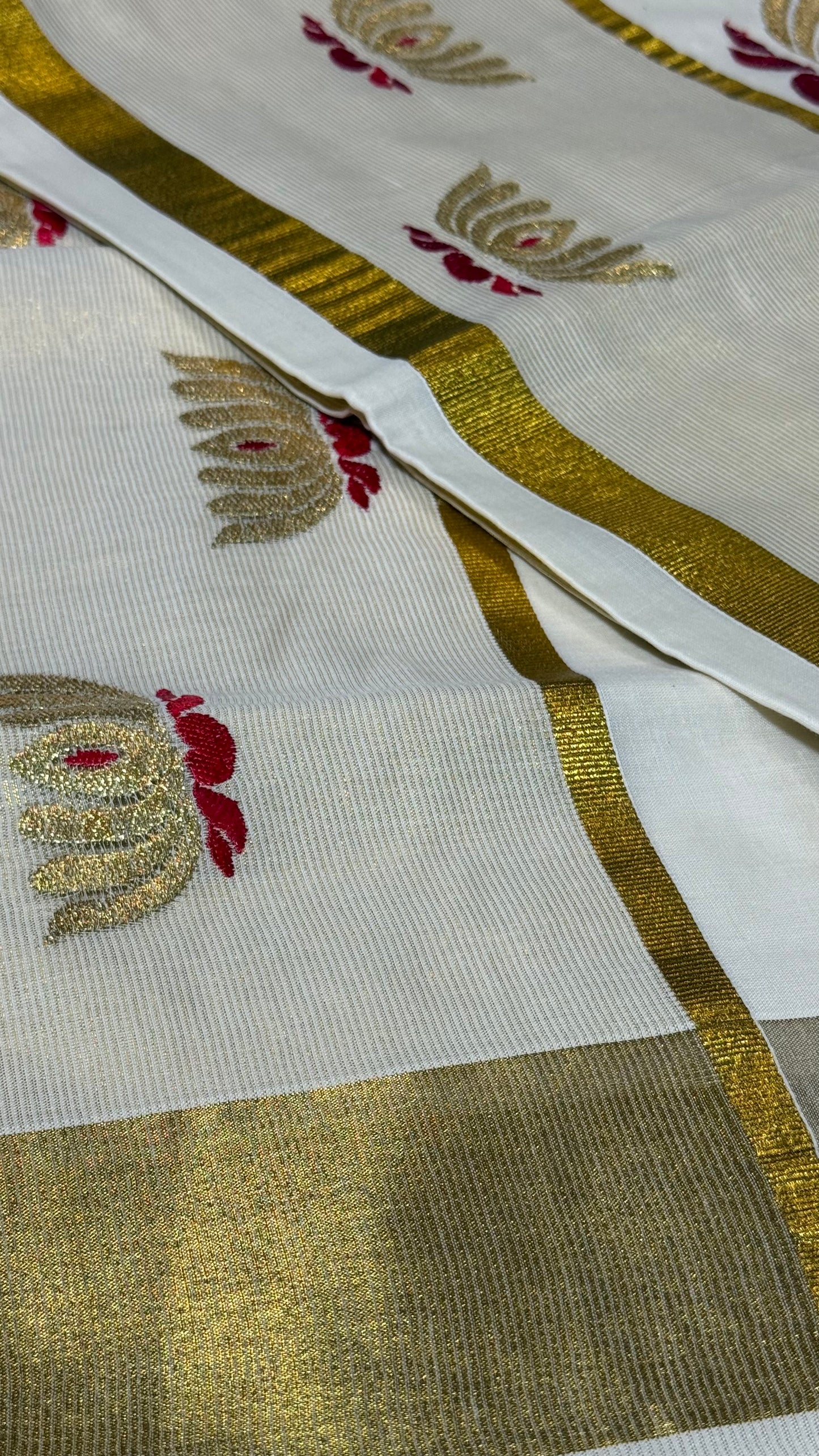 Red Lotus Cotton Set Saree with Gold Detailing