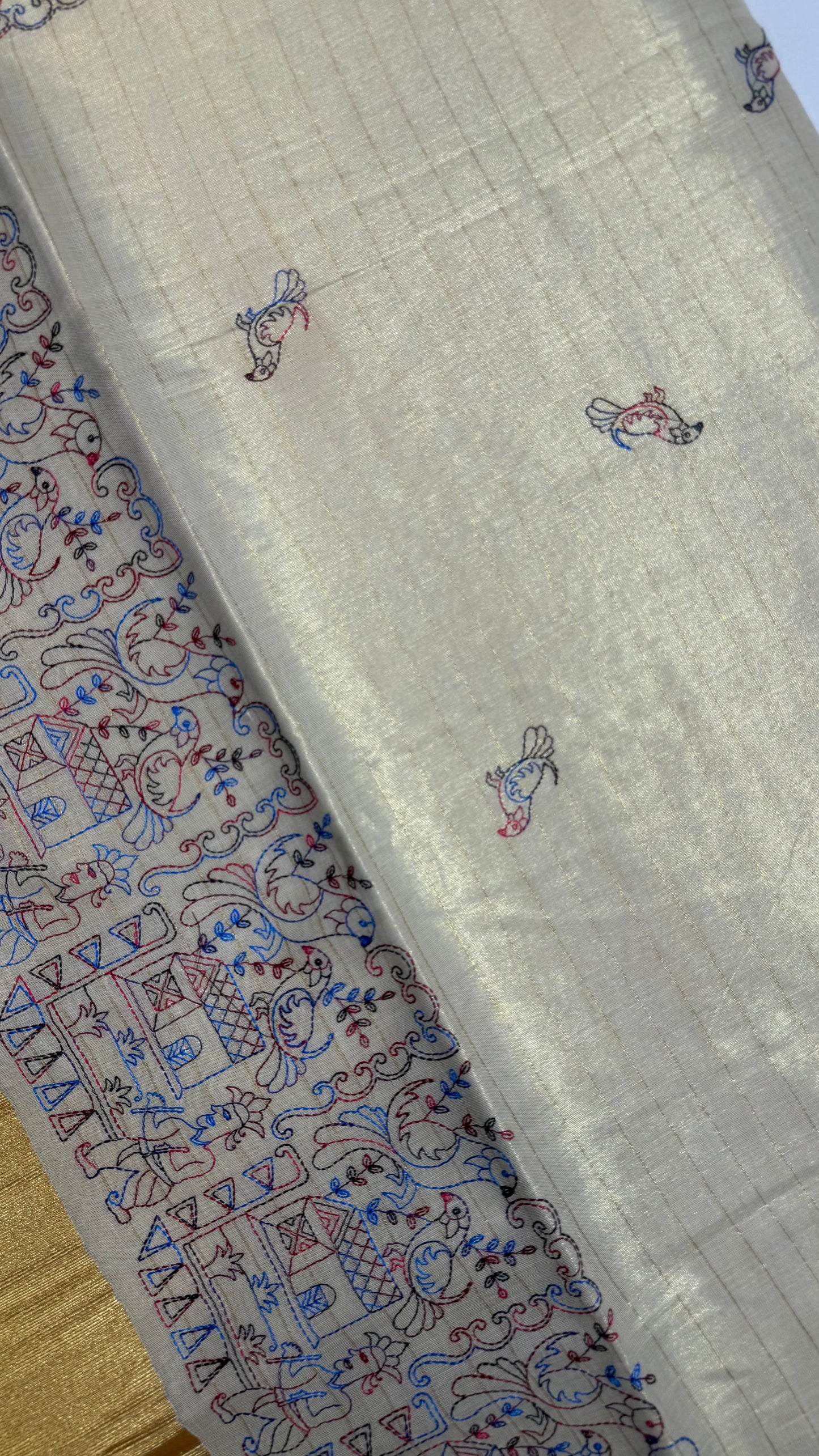 Hand Embroidered Tissue Set Saree with Gold Border