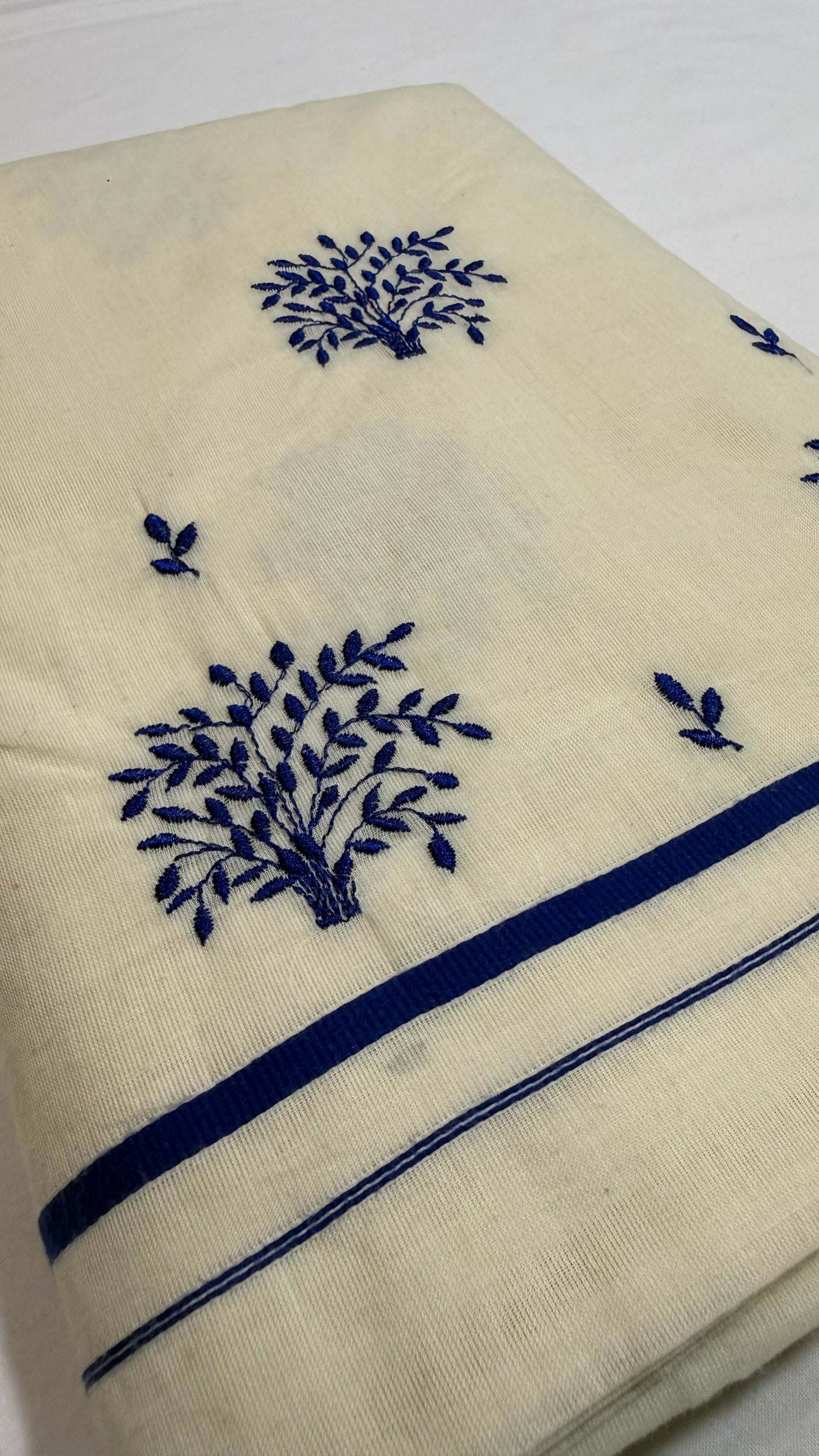Blue Puliyilakara Saree with Hand Embroidery
