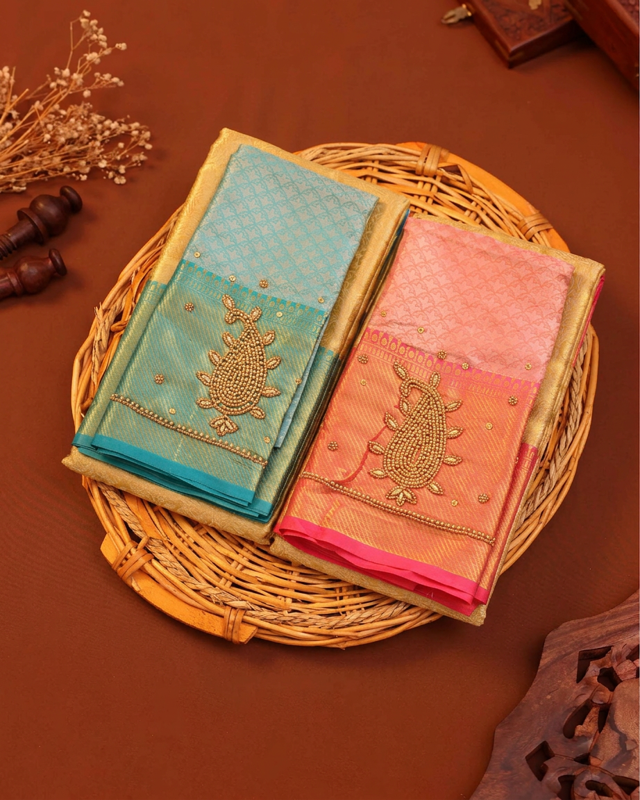 Gold Fancy Saree with Pink Handworked Statement Blouse