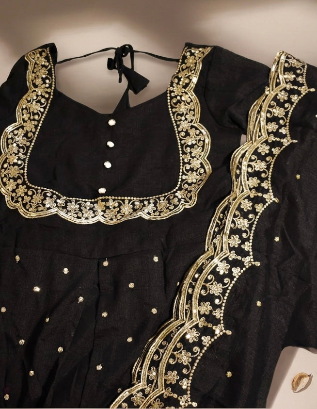 Black Vichitra Silk Skirt & Cape Set