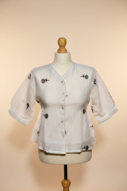 White Floral Embroidered Button-Down Top with Elastic Sides