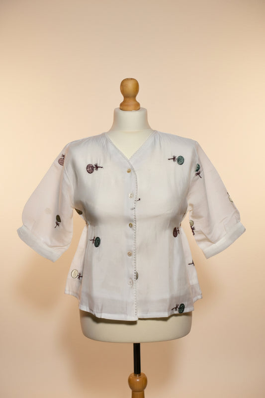 White Floral Embroidered Button-Down Top with Elastic Sides