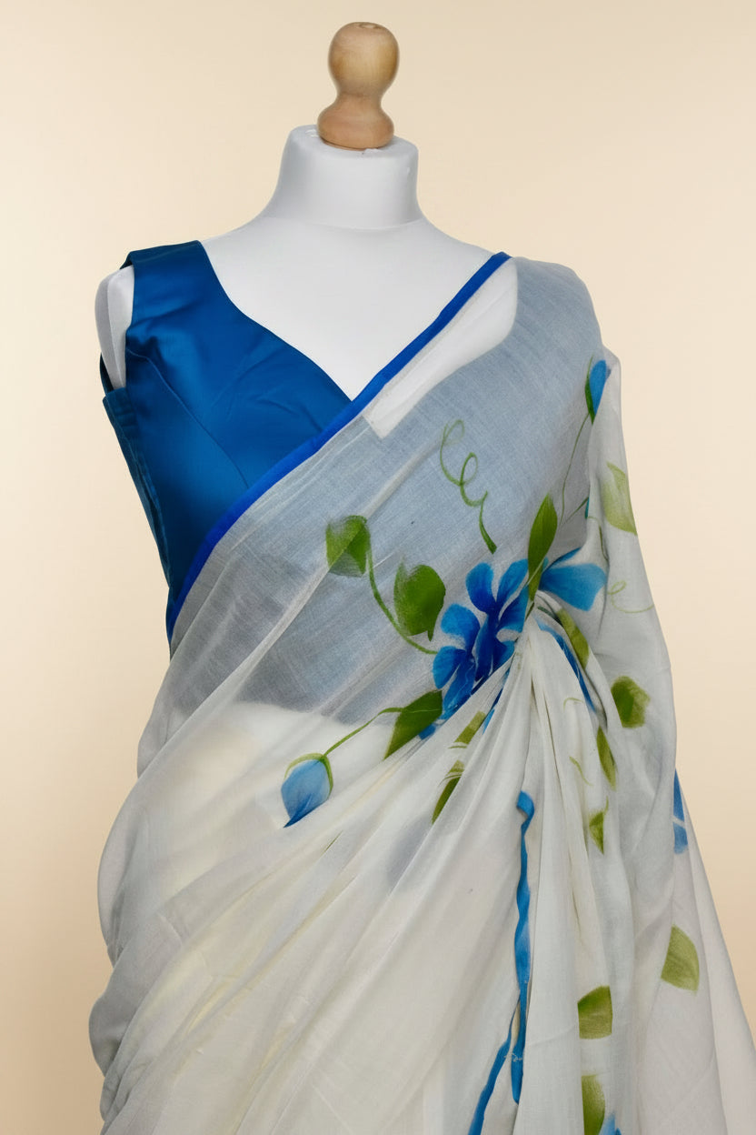 Blue Floral Mul Cotton Saree