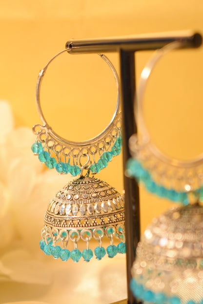 Silver Hoop Jhumka Earrings with Blue Stone Detailing