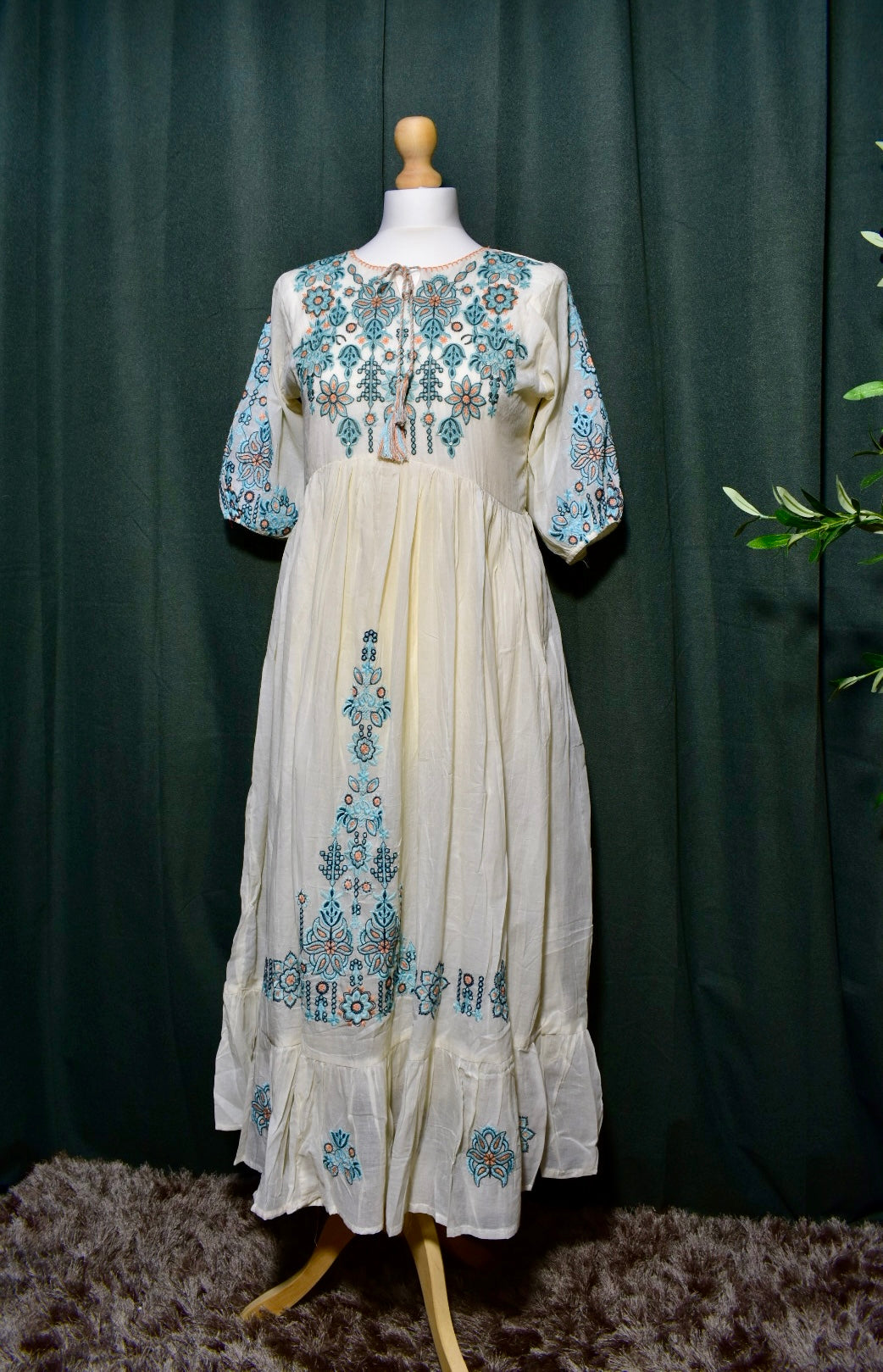 Elegant Blue Embroidered Mul Cotton Dress