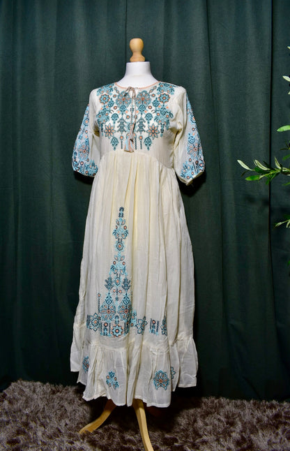 Elegant Blue Embroidered Mul Cotton Dress