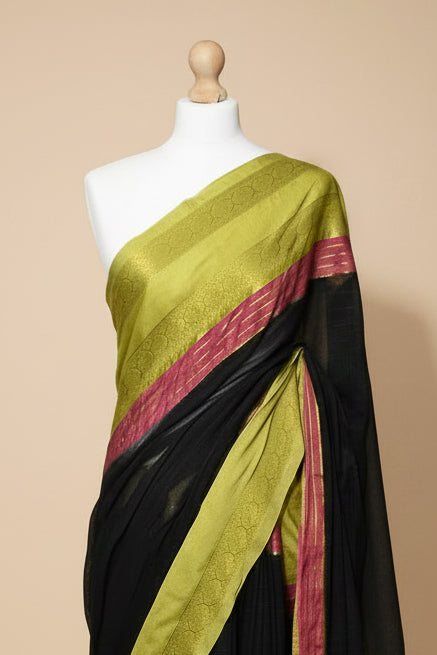 Black Mul Cotton Saree with Pink & Lime Green Border