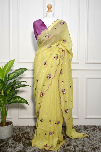 Yellow Partywear Crunchy Fabric Saree