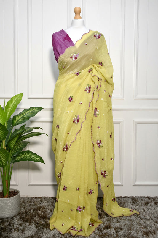 Yellow Partywear Crunchy Fabric Saree