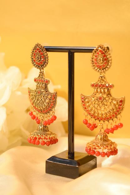 Gold-Tone Jhumka Earrings with Red Detailing