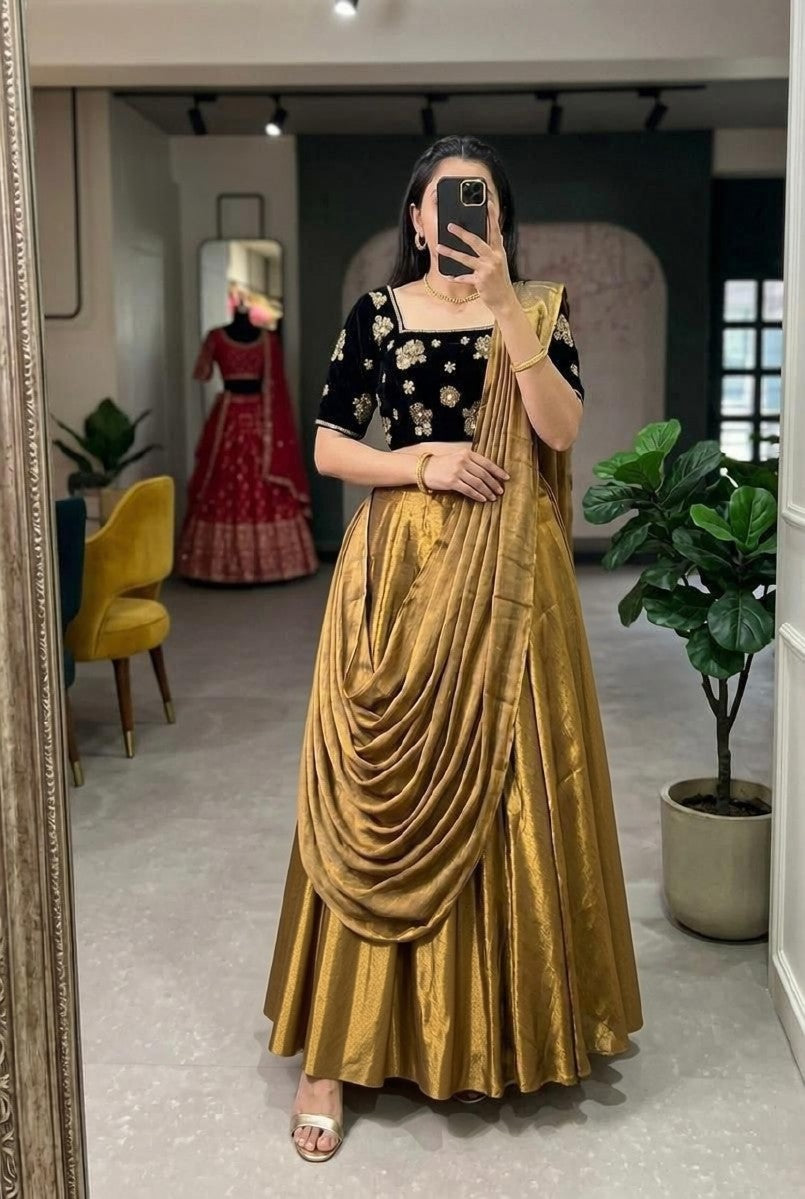 Golden Lehenga with Black Velvet Embroidered Blouse