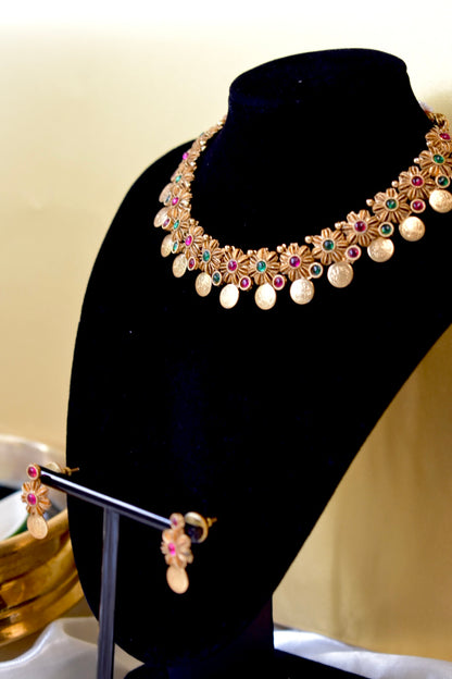 Green & Pink Floral Necklace Set
