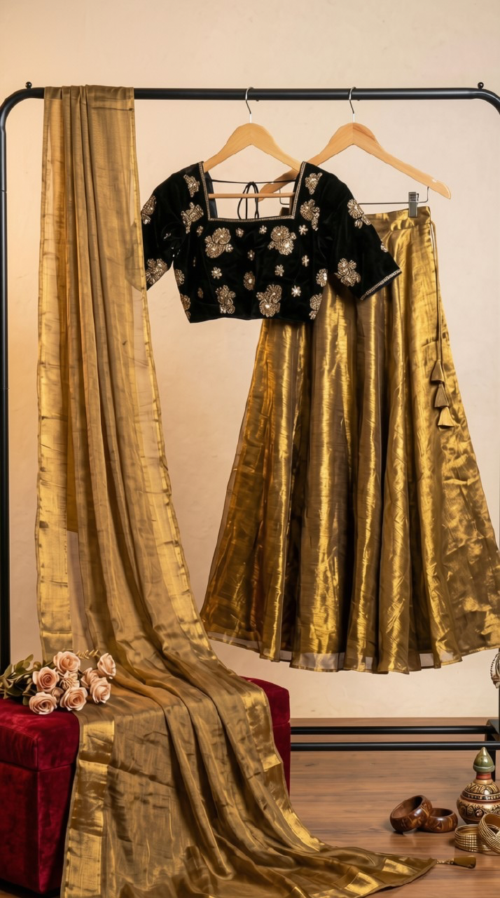 Golden Lehenga with Black Velvet Embroidered Blouse