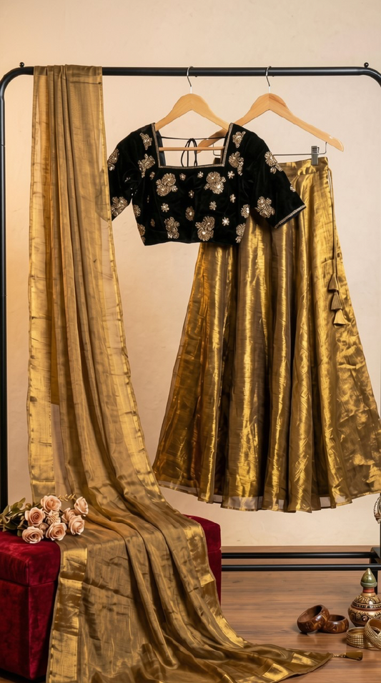 Golden Lehenga with Black Velvet Embroidered Blouse