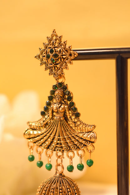 Gold Dangle Earrings with Green Detailing