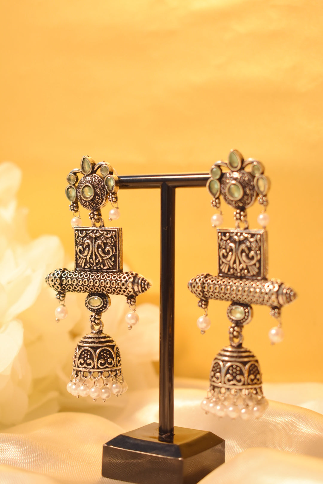 Silver Dangle Earrings with Stone Work