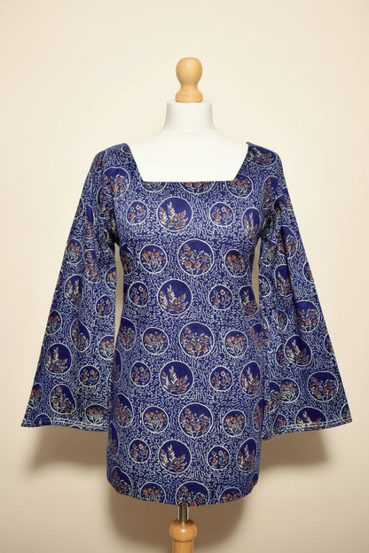 Blue Long Sleeve Square Neck Corset Top