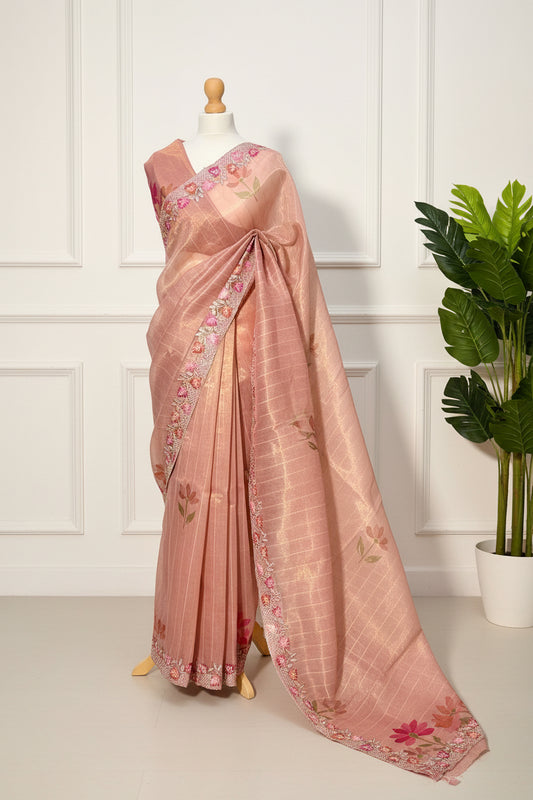 Pink Glass Tissue Organza Saree