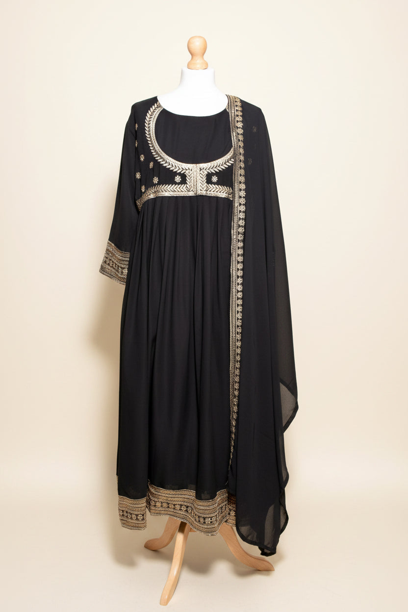 Black Long Sleeve Embroidered Churidar Set with Shawl