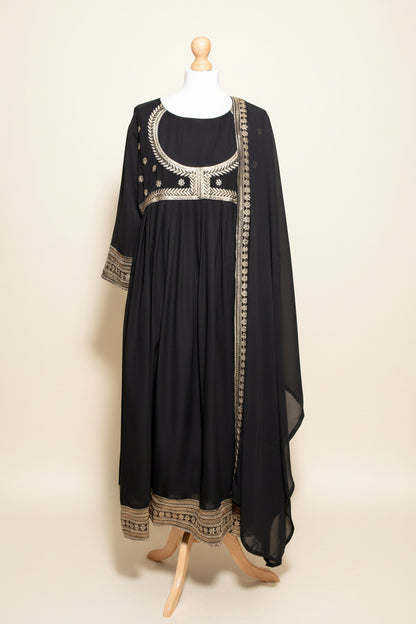 Black Long Sleeve Embroidered Churidar Set with Shawl