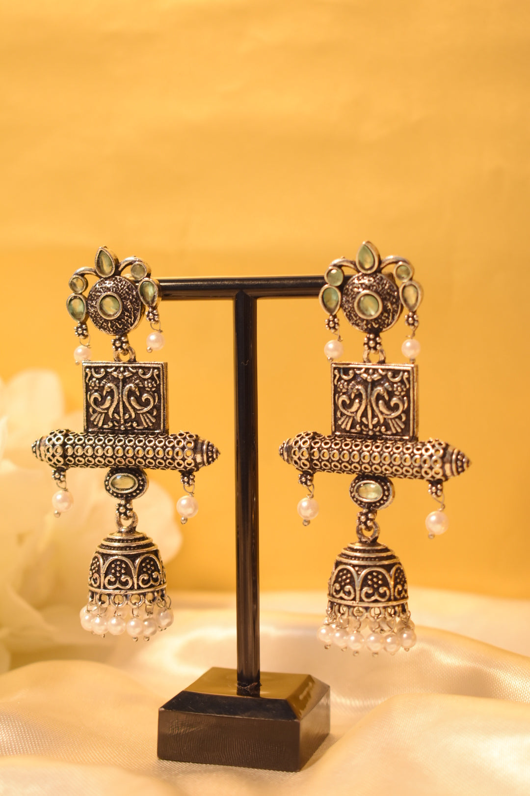 Silver Dangle Earrings with Stone Work