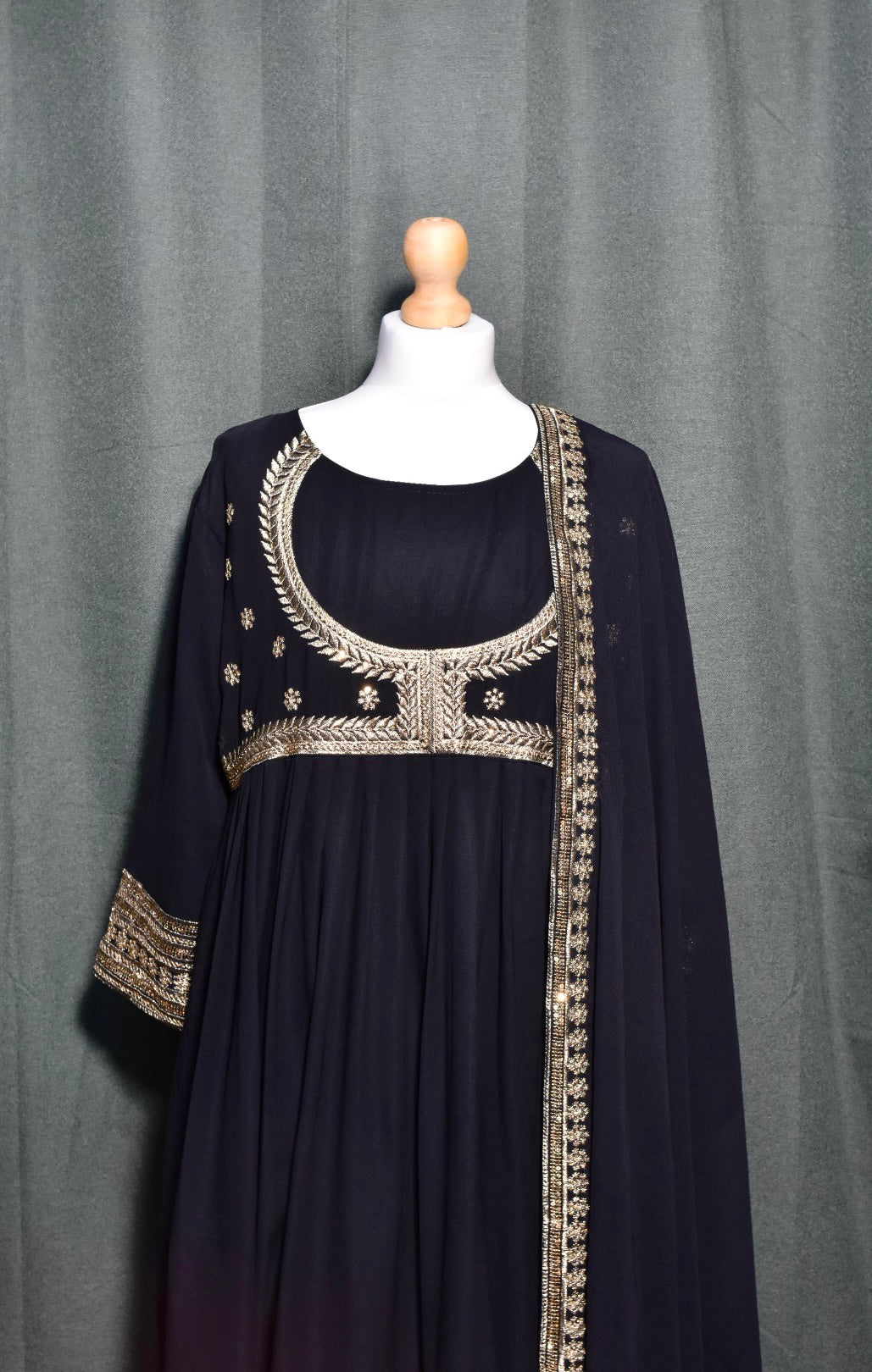 Black Long Sleeve Embroidered Churidar Set with Shawl