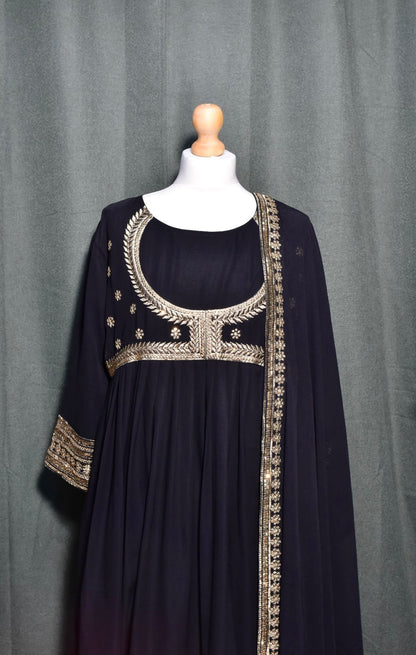Black Long Sleeve Embroidered Churidar Set with Shawl