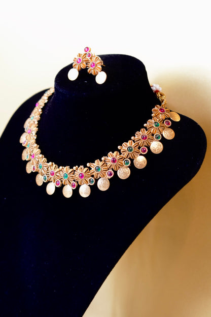 Green & Pink Floral Necklace Set