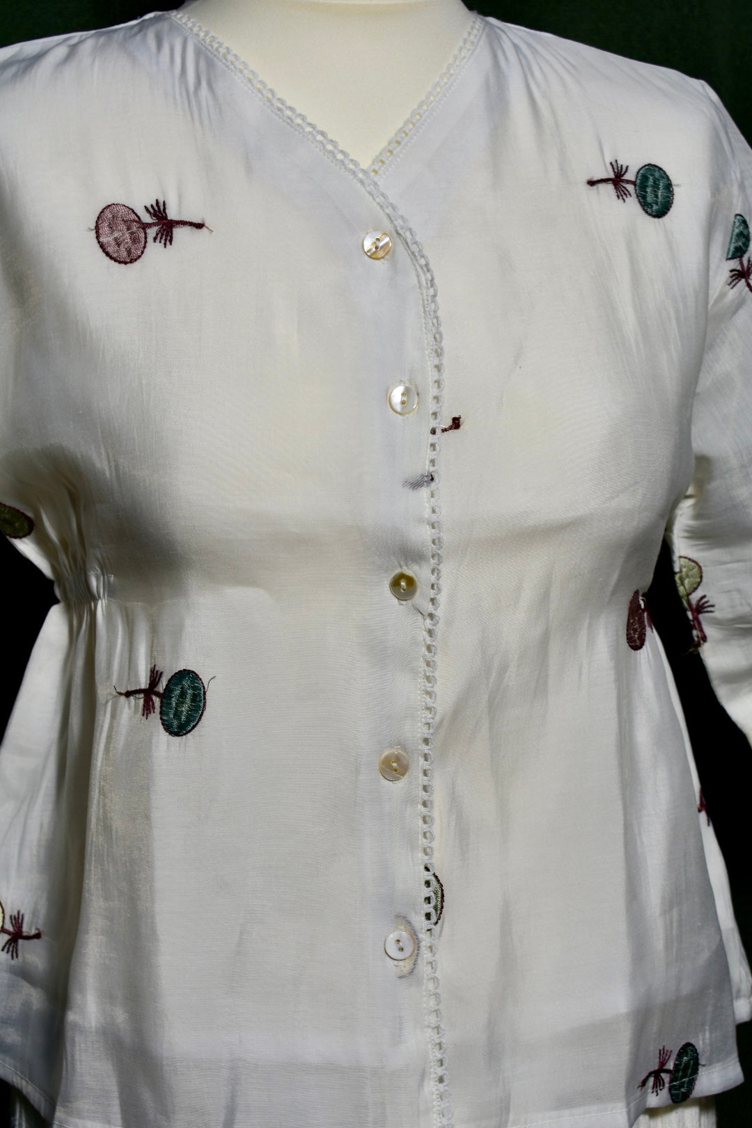 White Floral Embroidered Button-Down Top with Elastic Sides