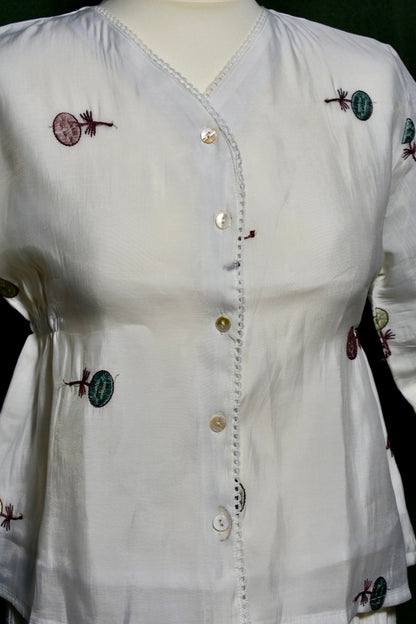 White Floral Embroidered Button-Down Top with Elastic Sides