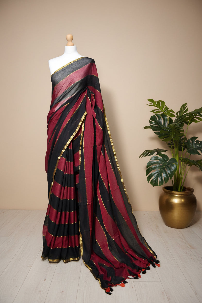 Red & Black Striped Mul Cotton Saree