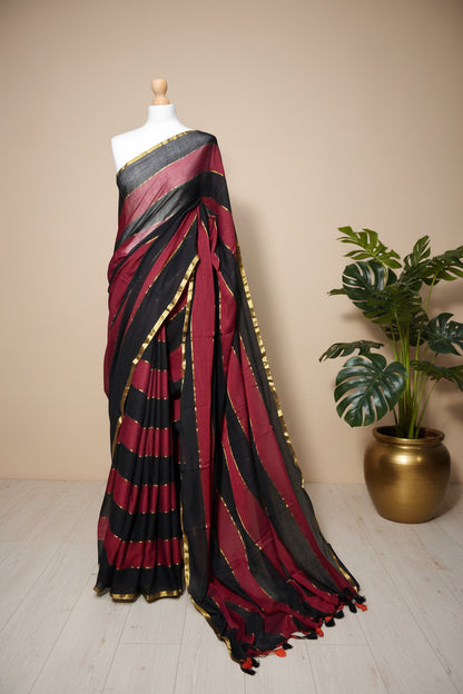 Red & Black Striped Mul Cotton Saree