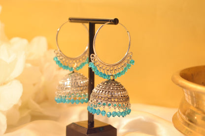 Silver Hoop Jhumka Earrings with Blue Stone Detailing
