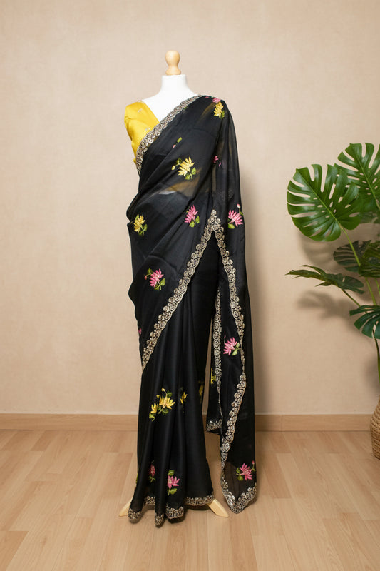 Black Soft Rangoli Silk Embroidered Saree with Mirror Work & Cutwork Border