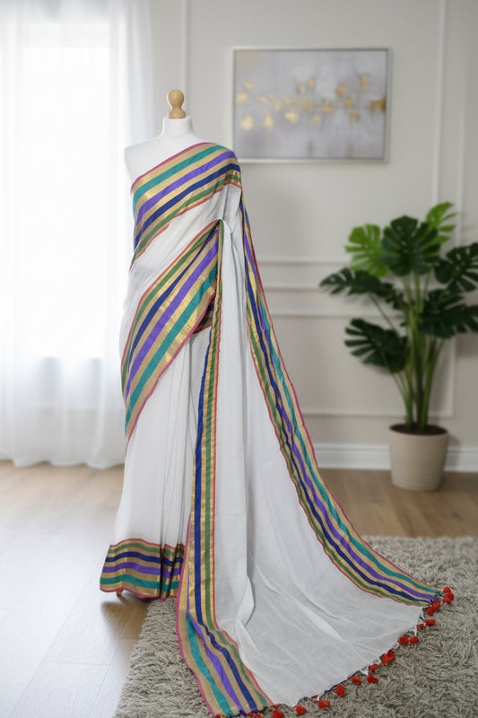 White Mul Cotton Saree with Multicolour Striped Border
