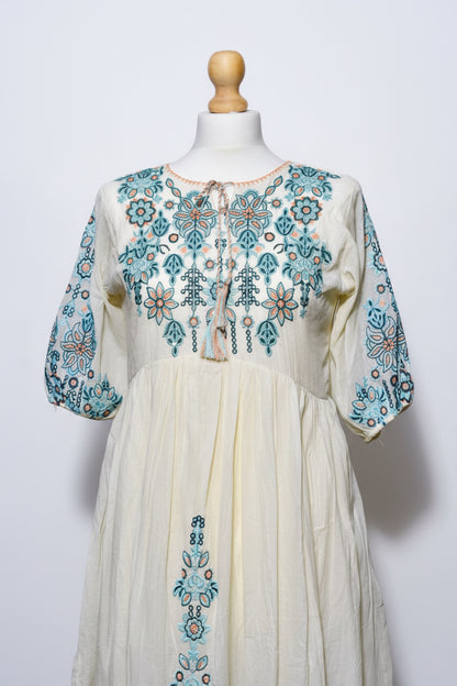 Elegant Blue Embroidered Mul Cotton Dress