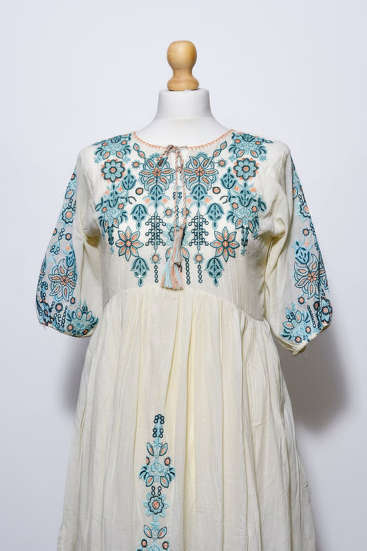 Elegant Blue Embroidered Mul Cotton Dress