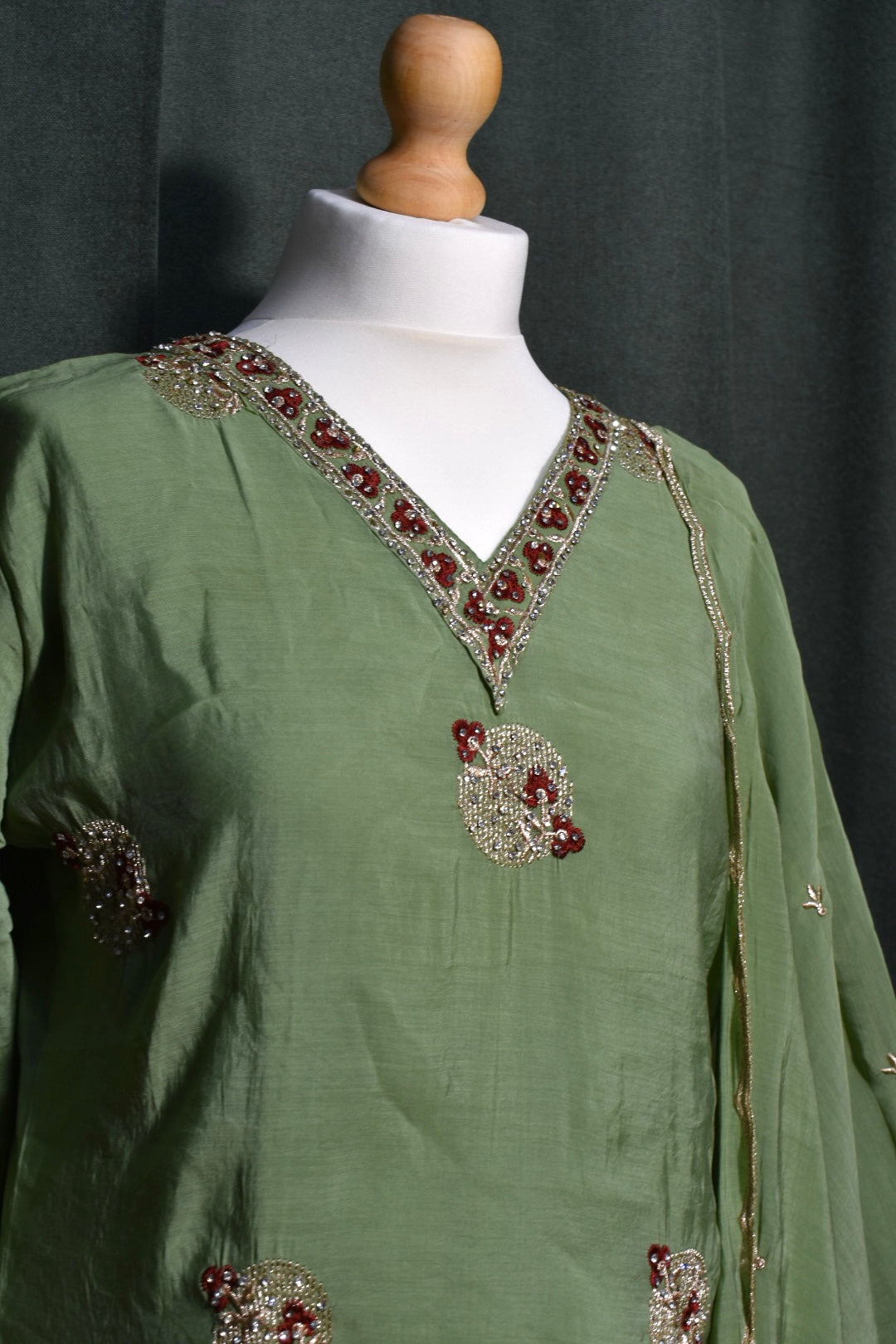 Green Embroidered & Beadwork V-Neck Churidar Set with Shawl