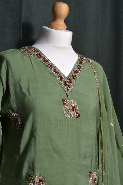 Green Embroidered & Beadwork V-Neck Churidar Set with Shawl